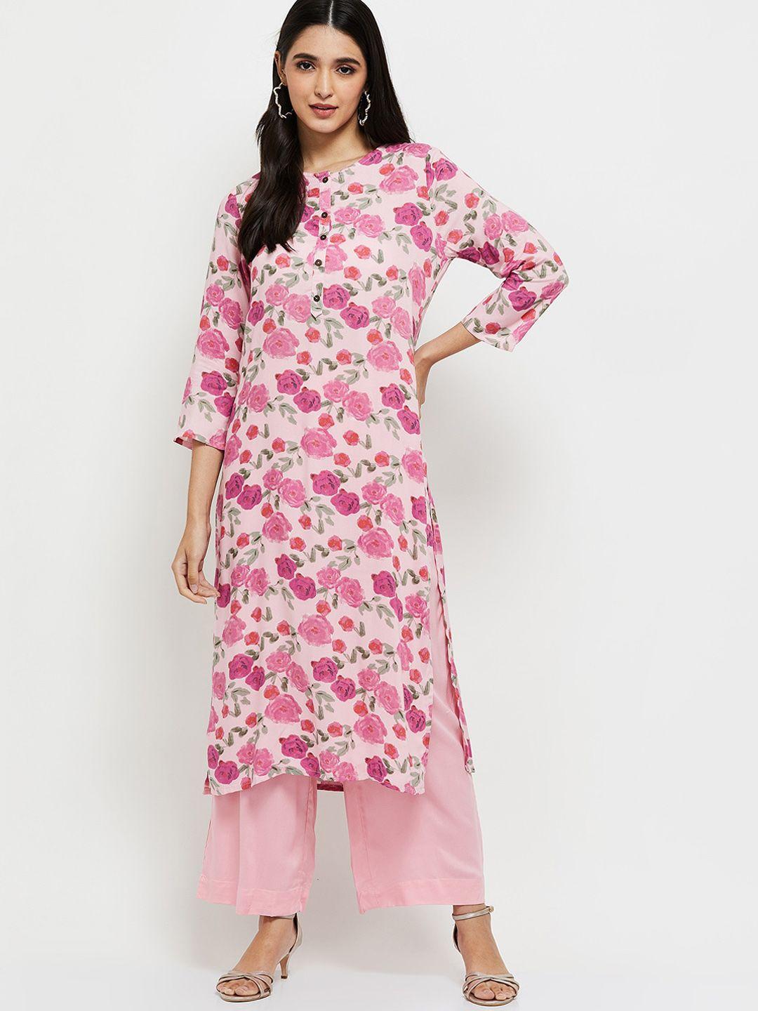 max women pink floral printed pure cotton straight kurta with palazzos