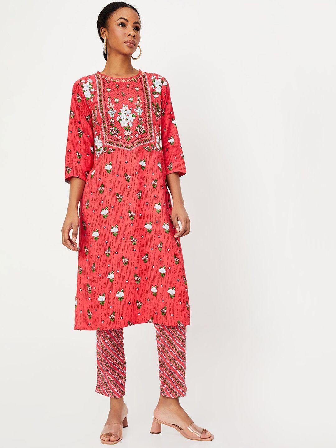 max women pink floral printed regular kurta with trousers & with dupatta