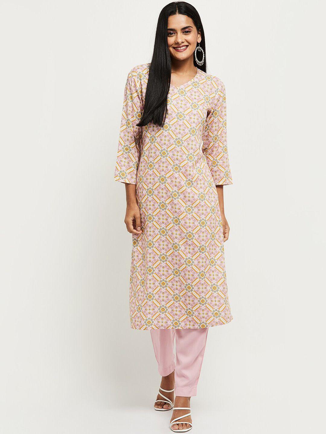 max women pink printed kurta with trousers