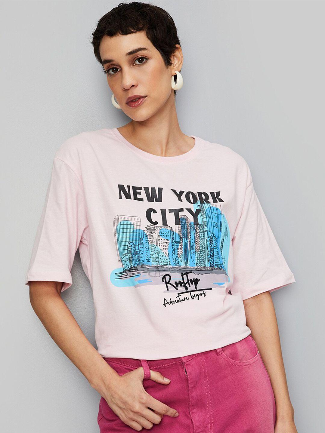 max women pink typography printed v-neck raw edge t-shirt