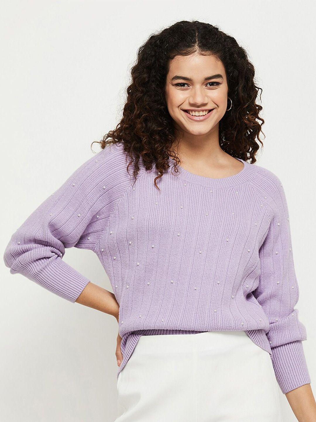 max women purple embroidered pullover with embellished detail