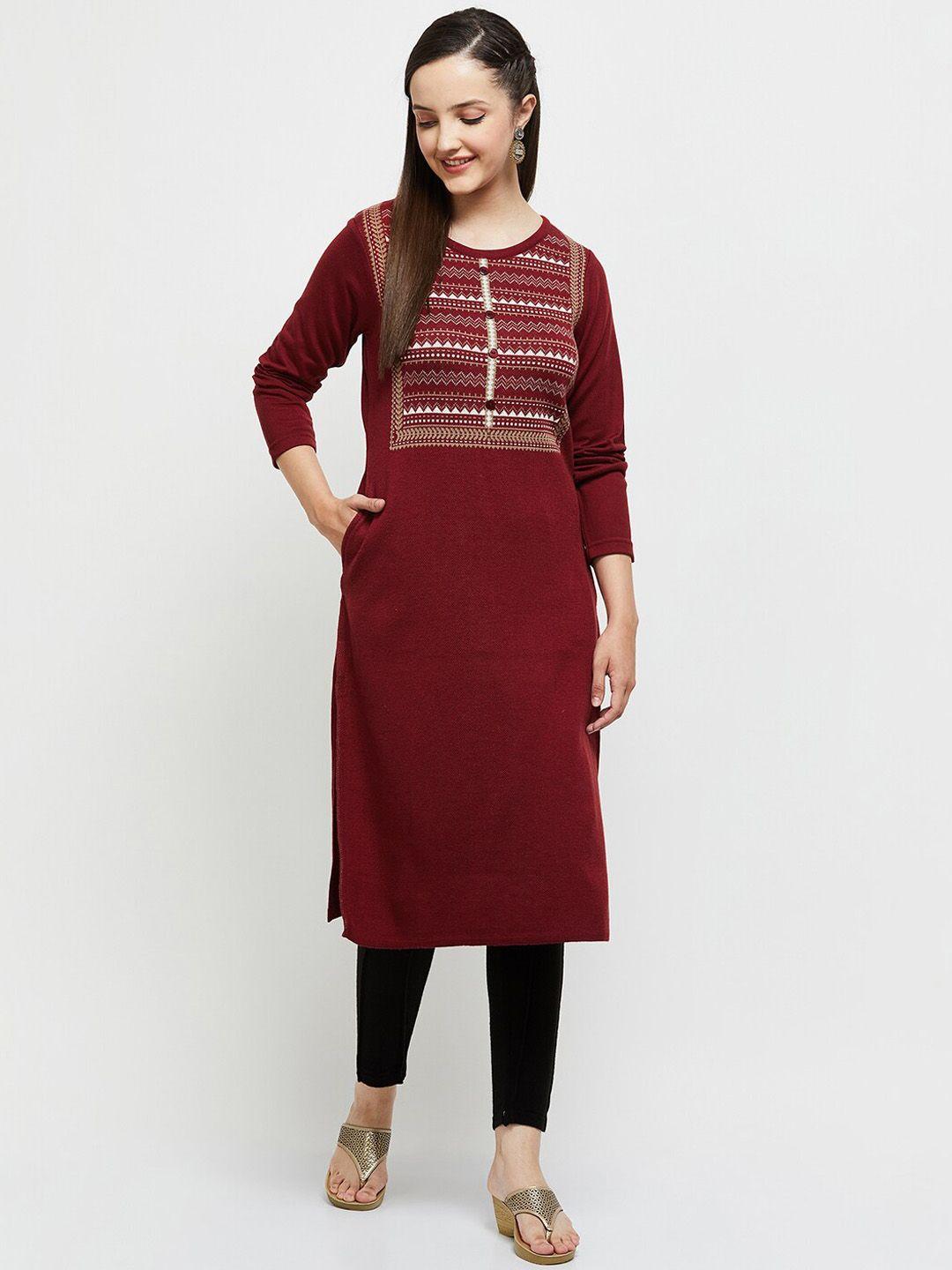 max women red & beige geometric yoke design kurta