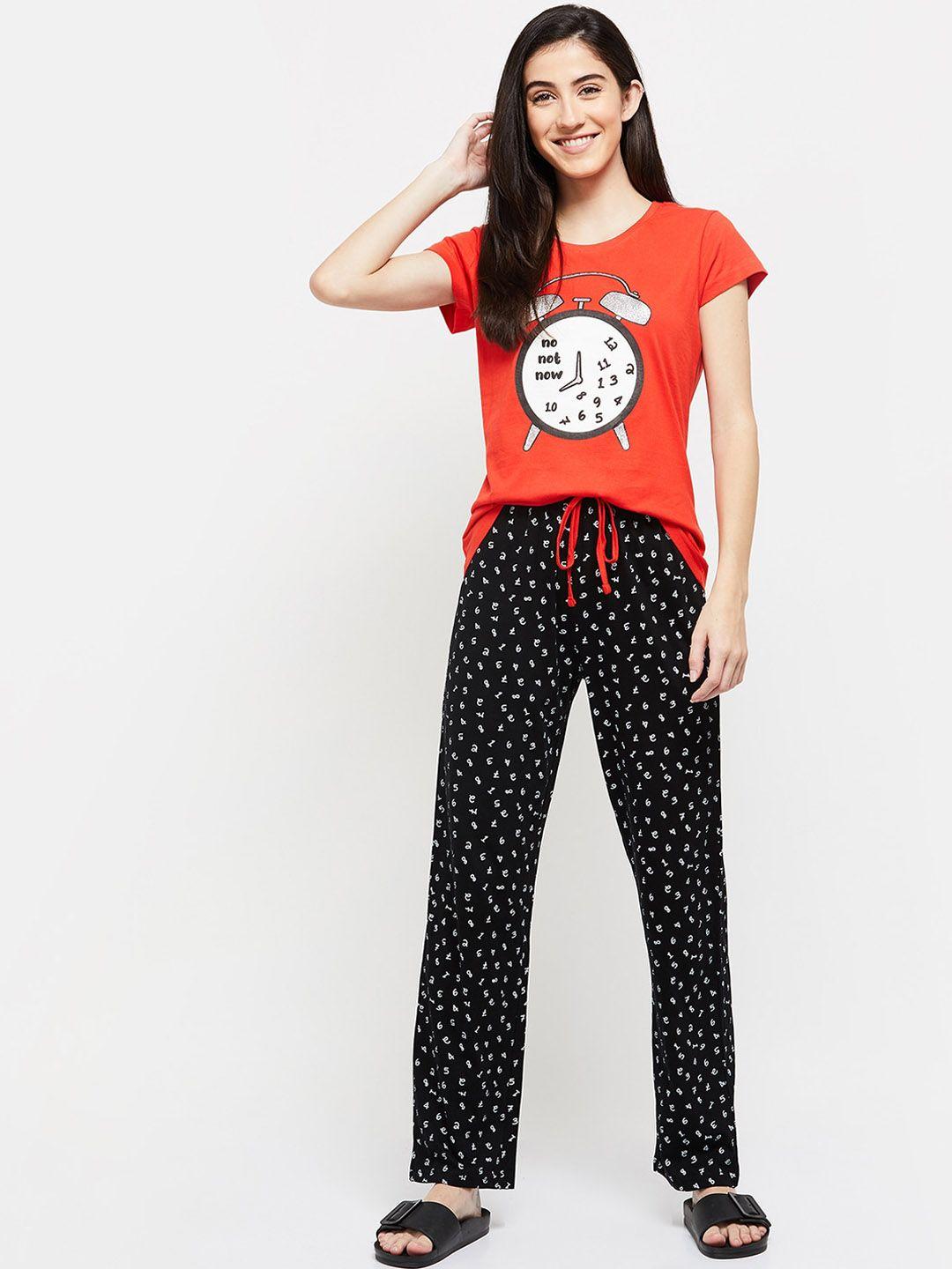 max women red & black printed cotton night suit