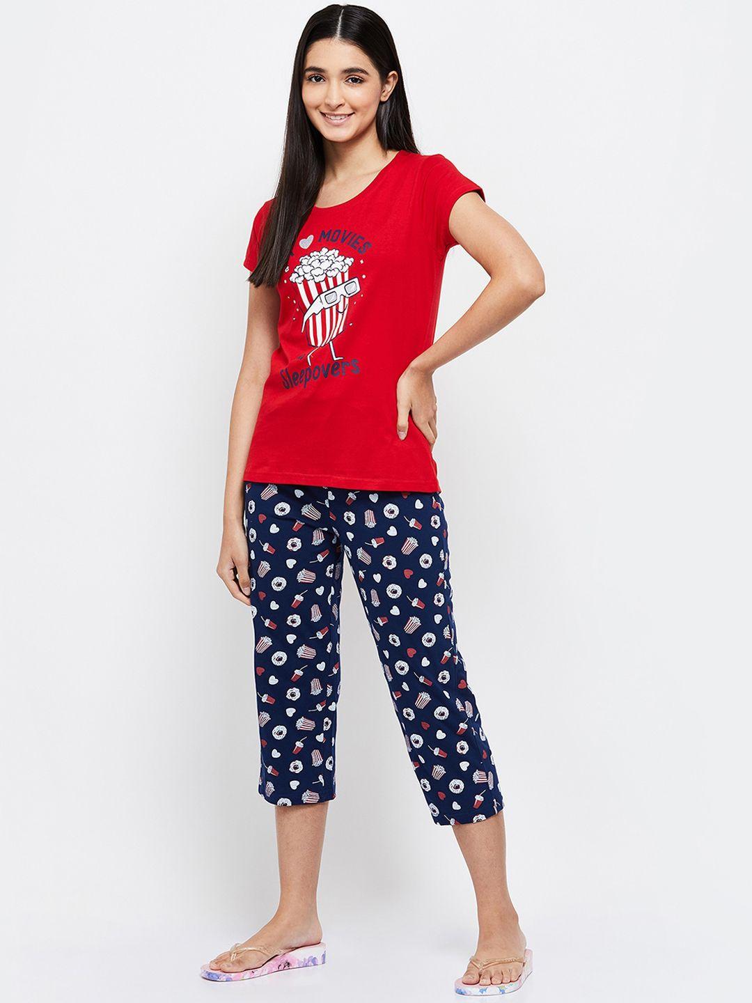 max women red & navy blue printed cotton night suit