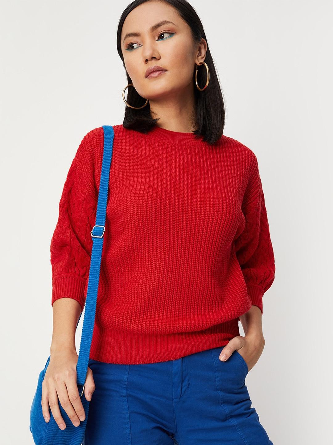 max women red cable knit pullover