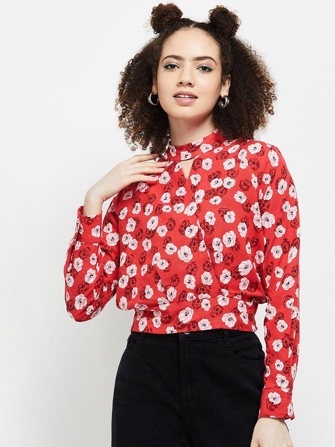 max women red floral print keyhole neck crop top