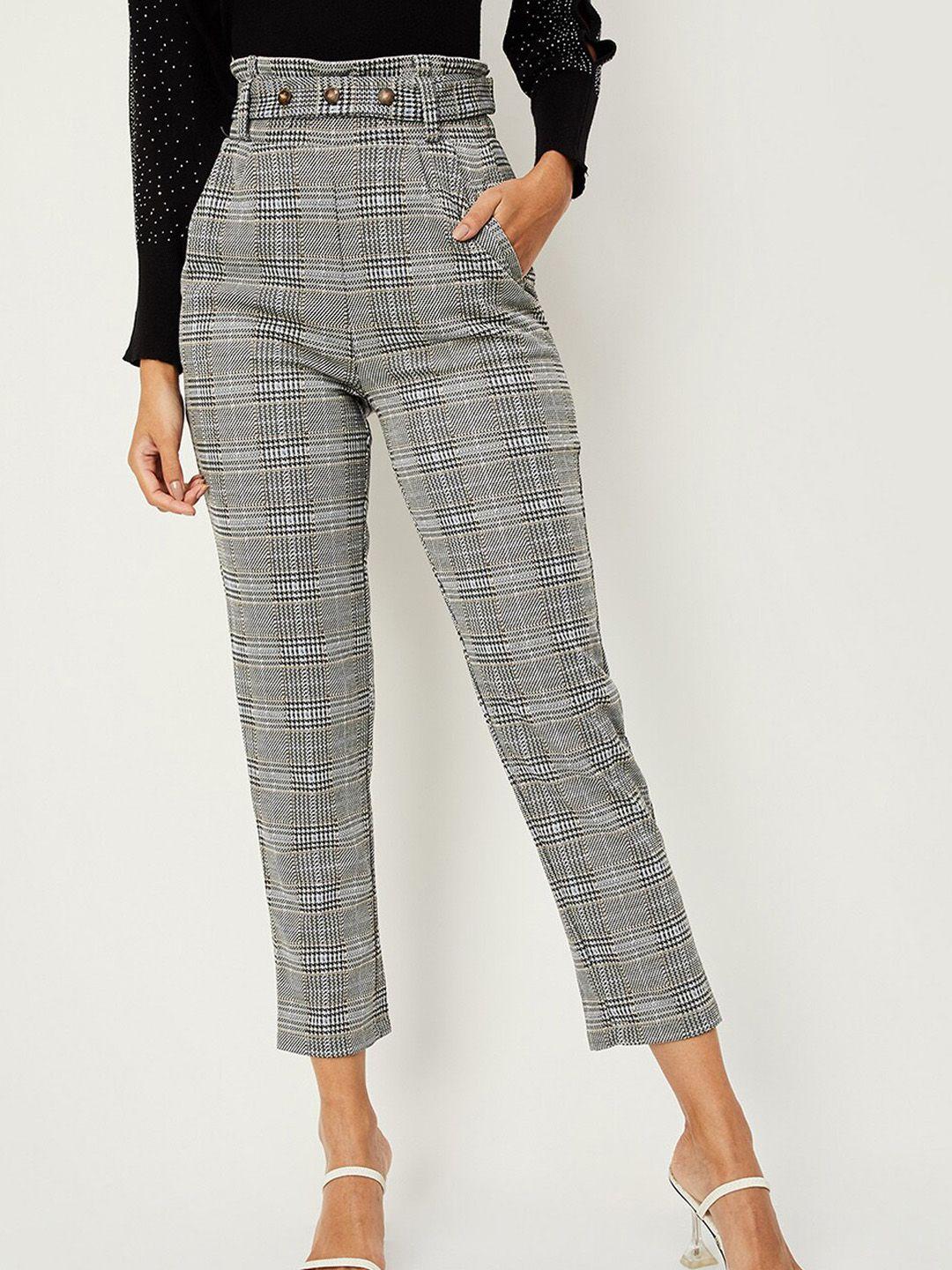 max women regular fit mid-rise checked cotton belted cropped trouser