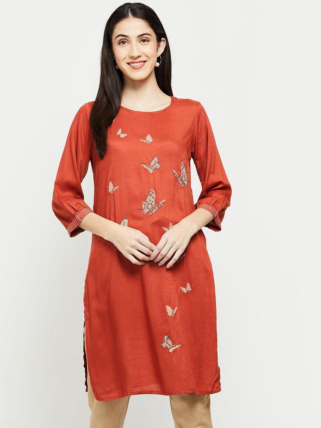 max women rust & beige embroidered kurta