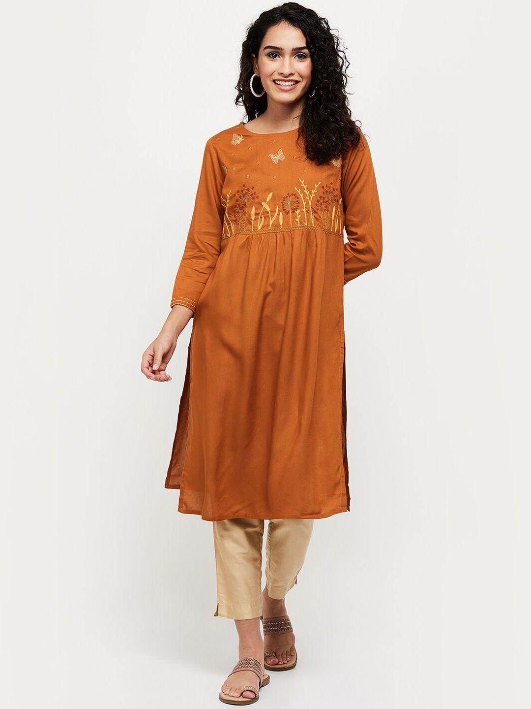 max women rust ethnic motifs embroidered thread work kurta