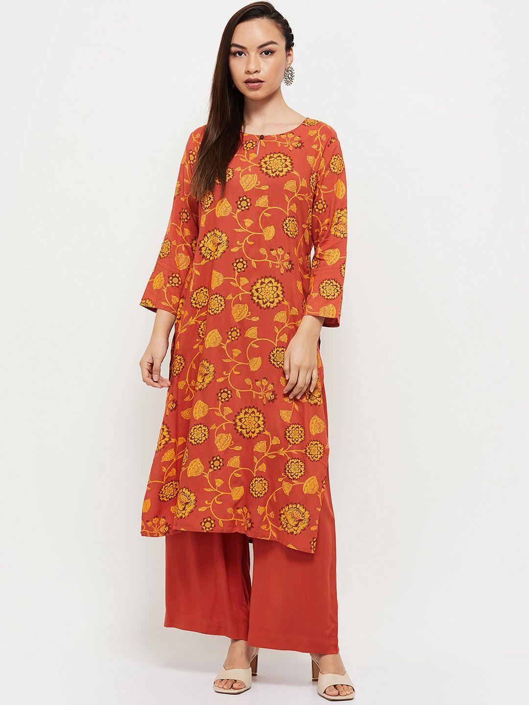 max women rust floral printed kurta with palazzos