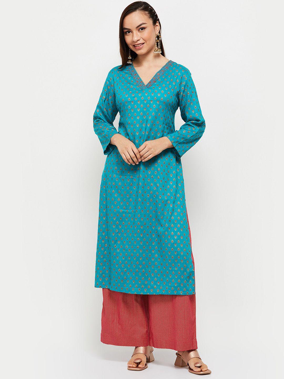 max women teal ethnic motifs printed kurta with palazzos & with dupatta