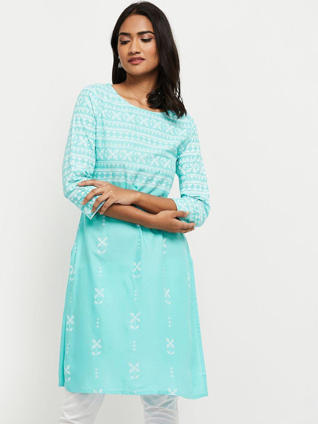 max women turquoise blue ethnic motifs printed kurta