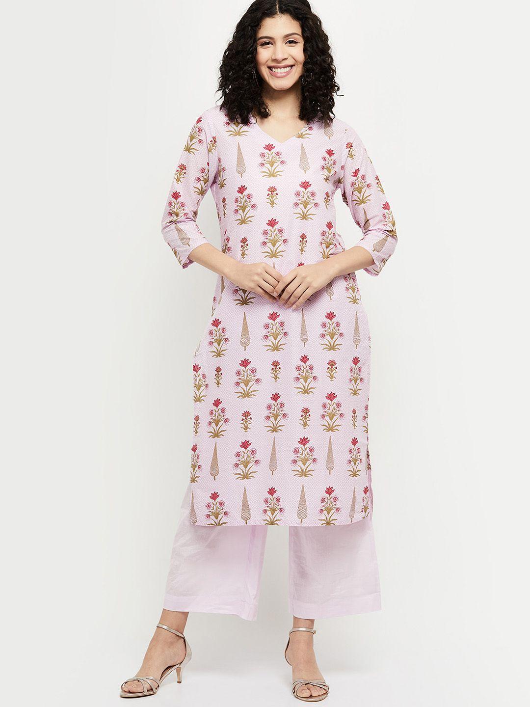 max women violet & brown floral print pure cotton kurta with trousers &  dupatta