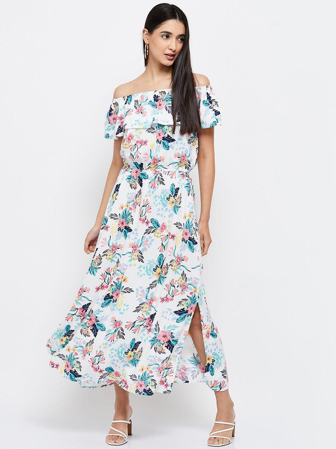 max women white & blue floral off-shoulder a-line maxi dress