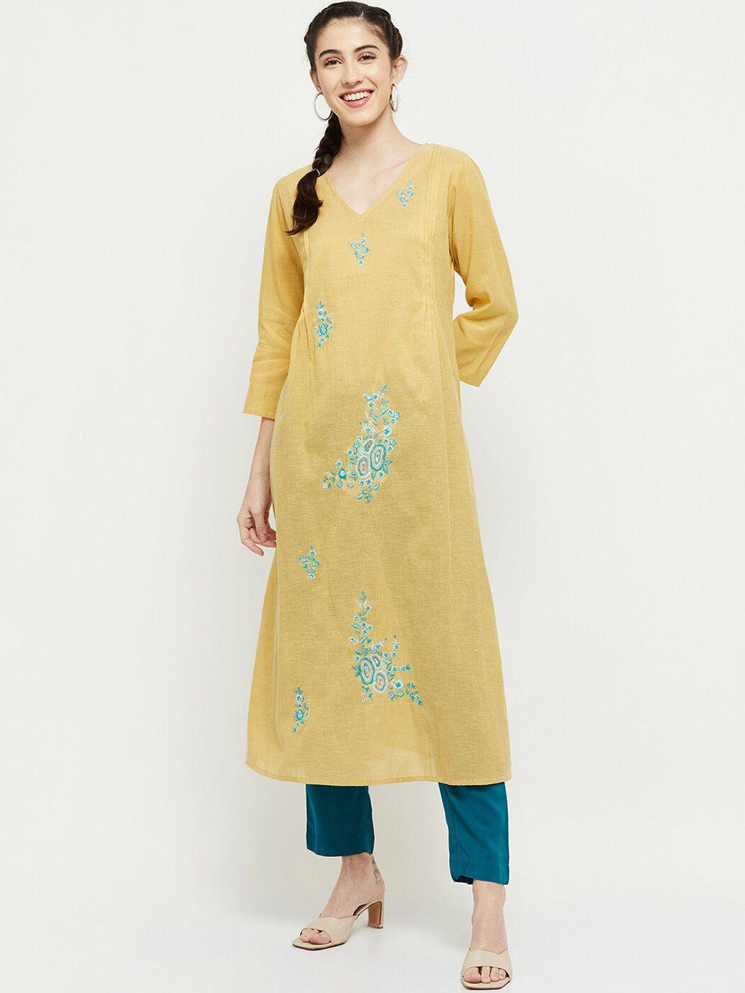 max women yellow & green floral embroidered cotton kurta