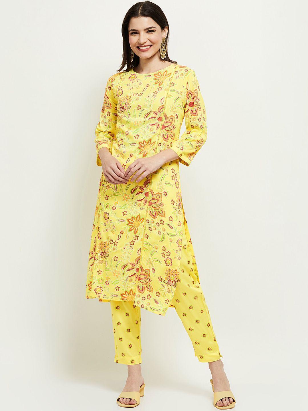 max women yellow floral a-line kurta with trousers