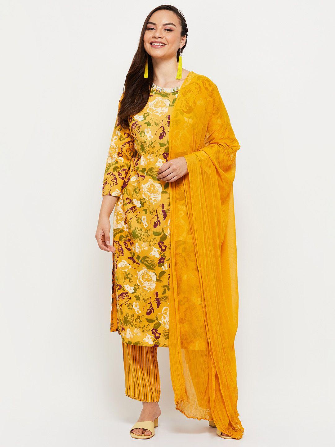 max women yellow floral printed kurta with trousers