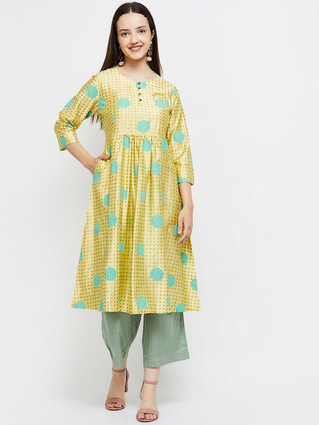 max women yellow geometric printed viscose rayon anarkali kurta