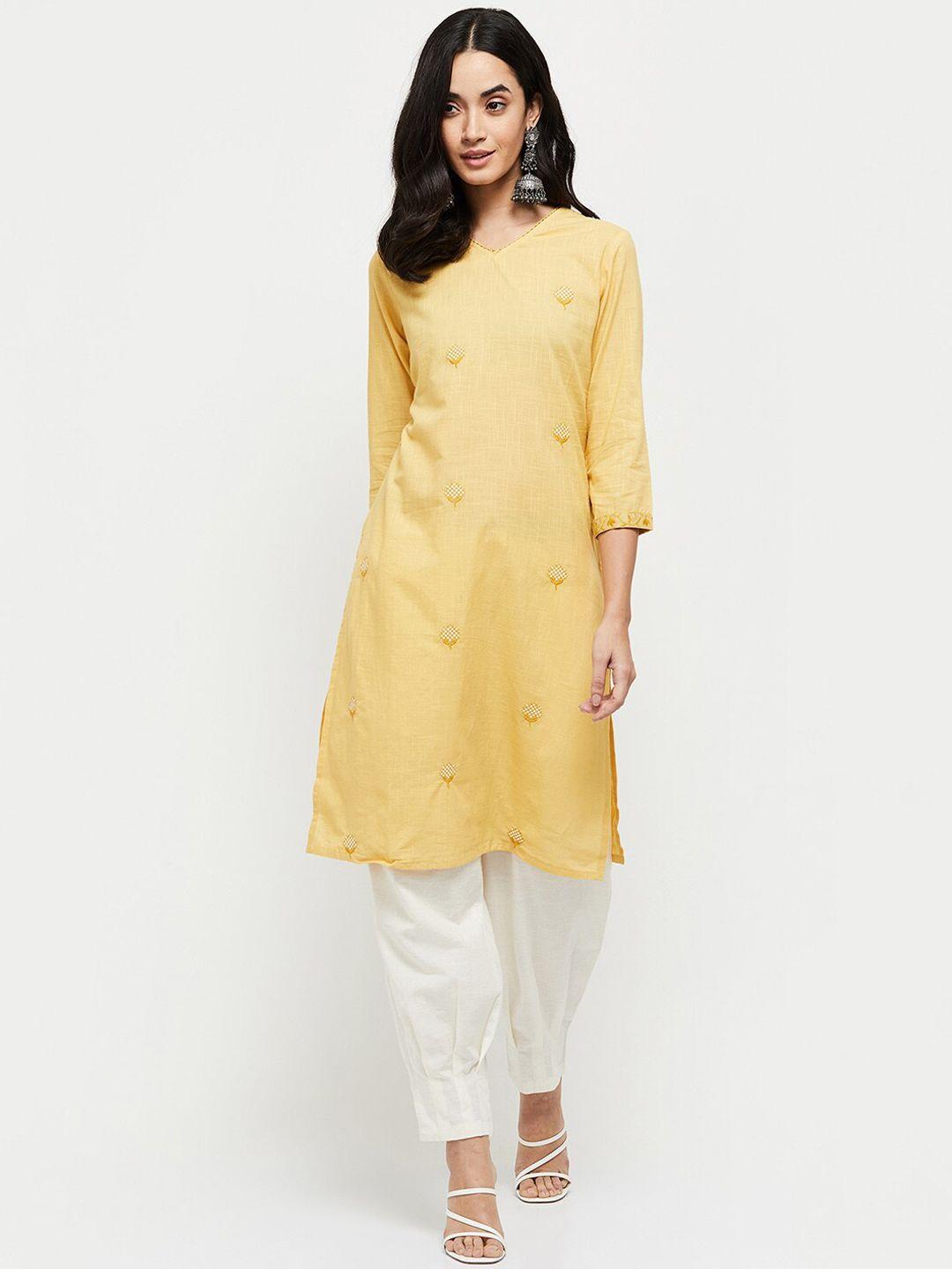 max yellow floral embroidered thread work pure cotton thread work kurti