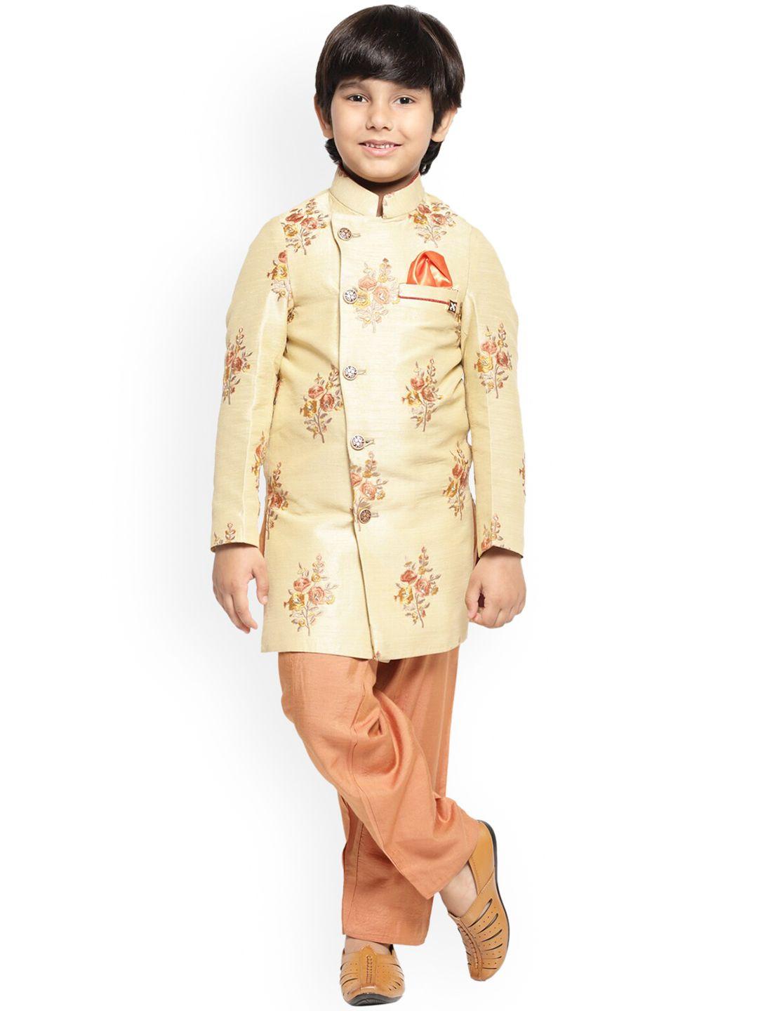 maxence boys beige & brown embroidered sherwani