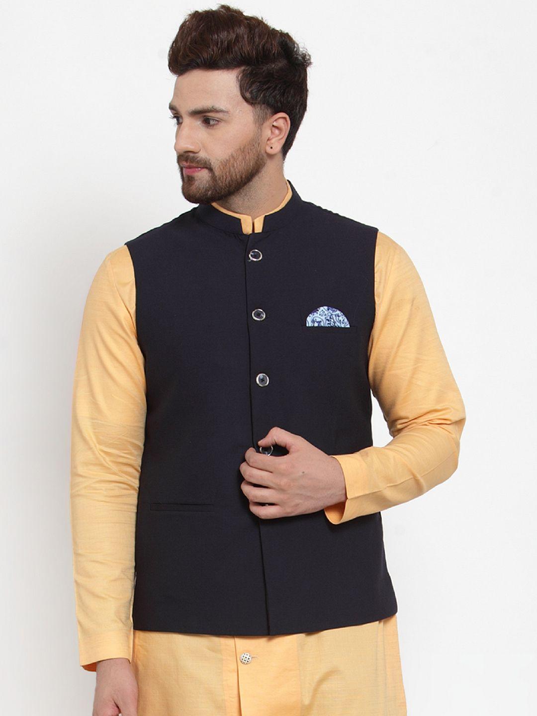 maxence men navy blue solid slim fit nehru jacket with pocket square