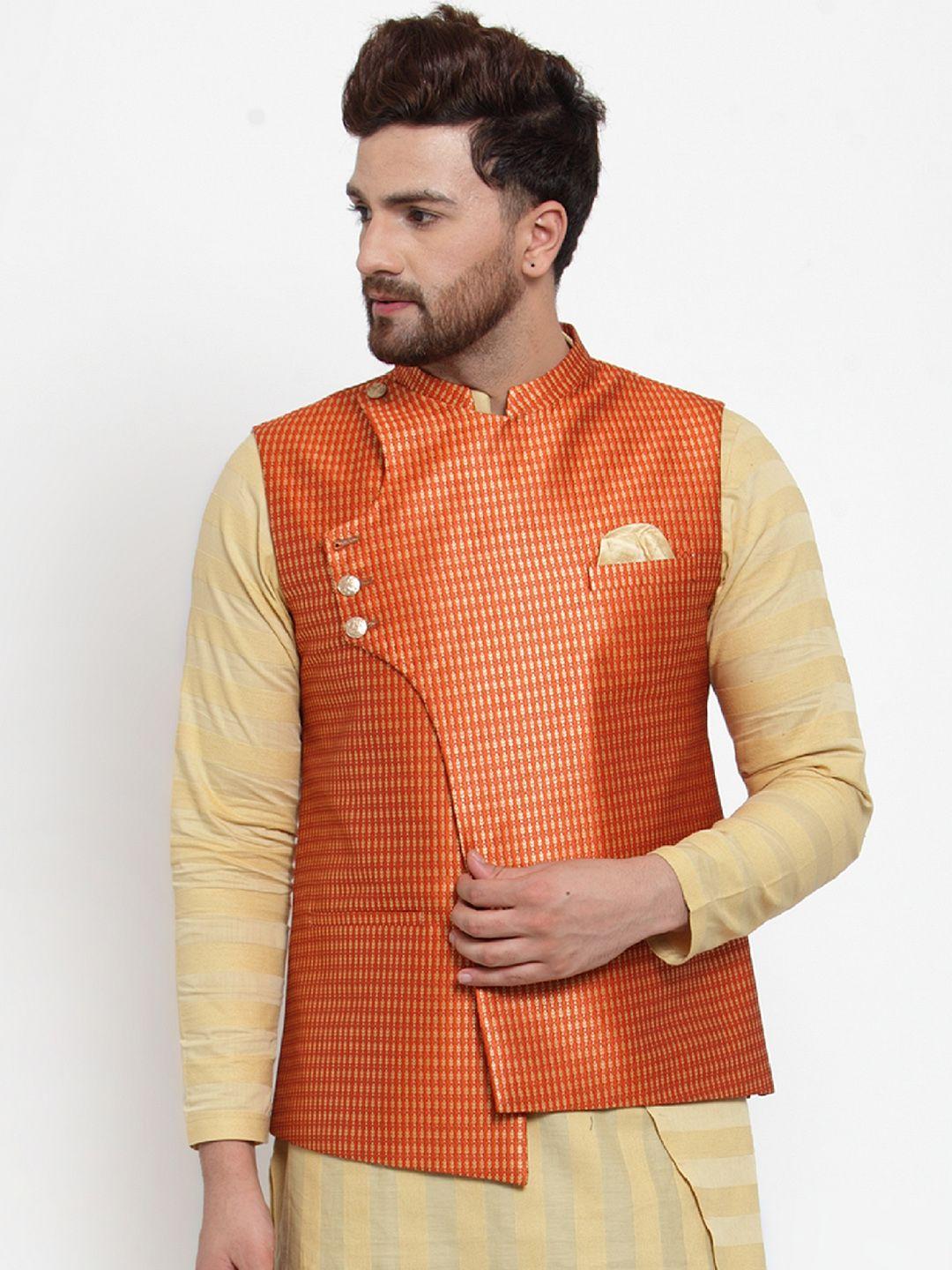 maxence men orange woven design slim fit nehru jacket