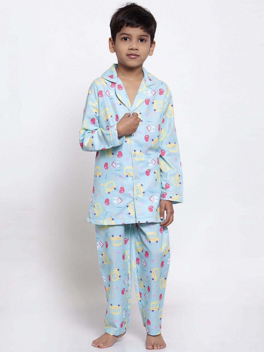 maxence boys blue & pink printed night suit