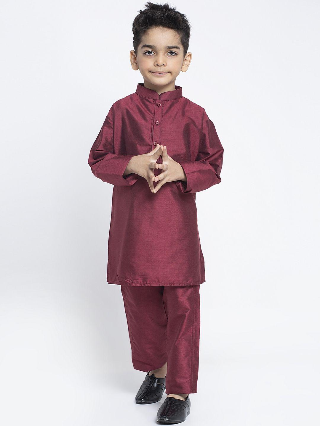 maxence boys maroon solid silk kurta with trousers