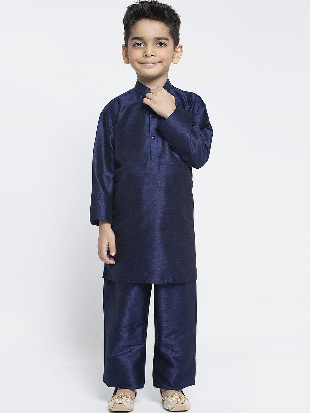 maxence boys navy blue solid silk kurta with trousers