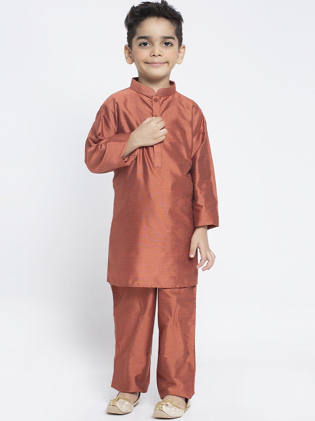 maxence boys rust brown solid silk kurta with trousers