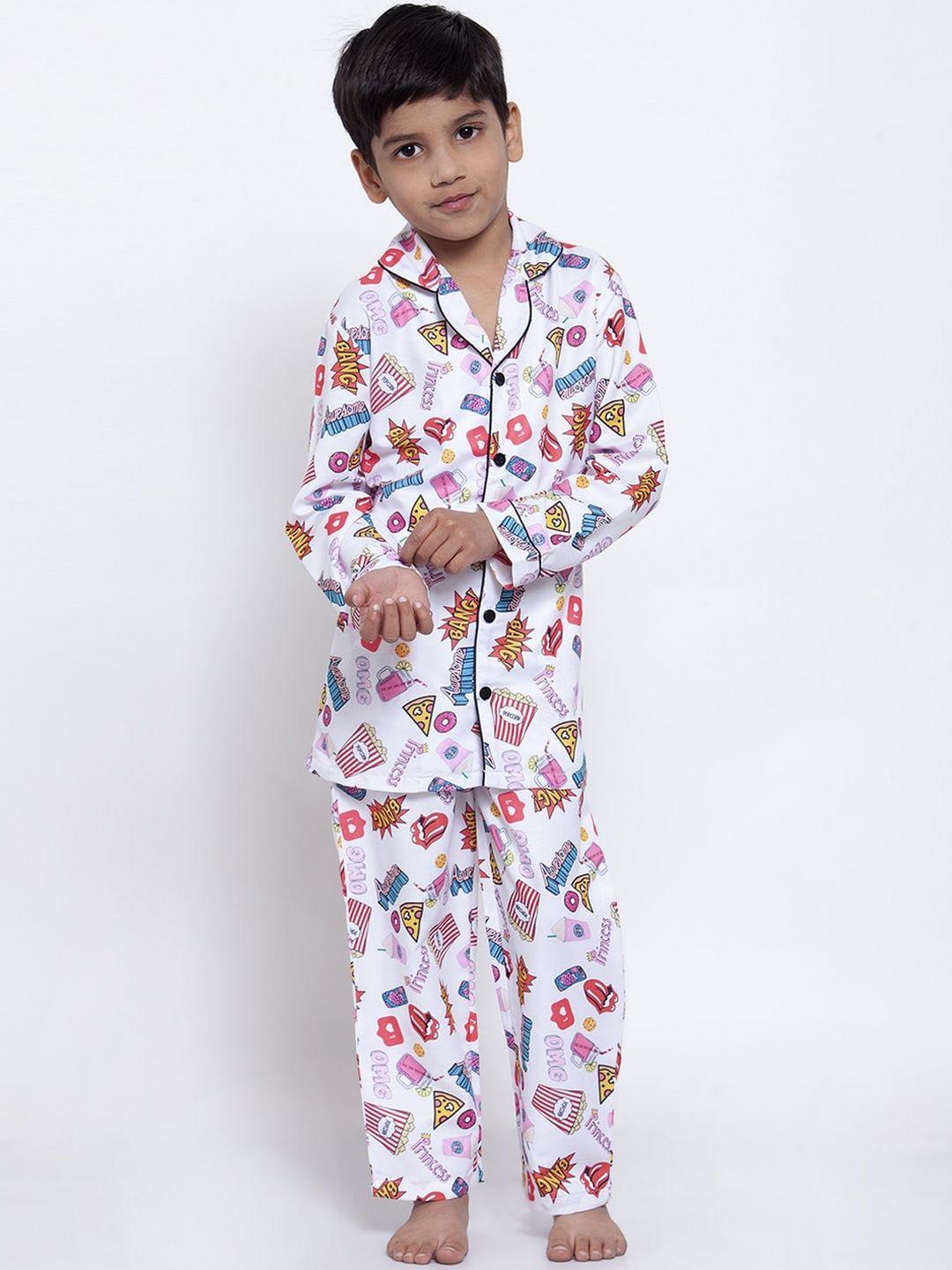 maxence boys white & red printed night suit