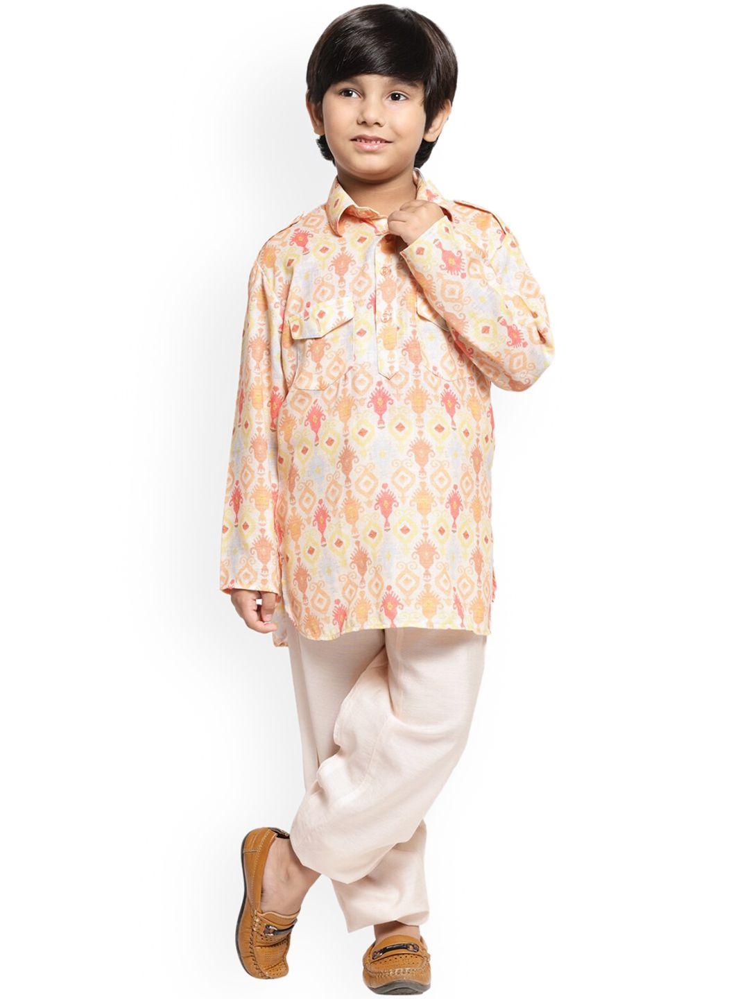 maxence boys white ethnic motifs printed pure cotton kurta with pyjamas