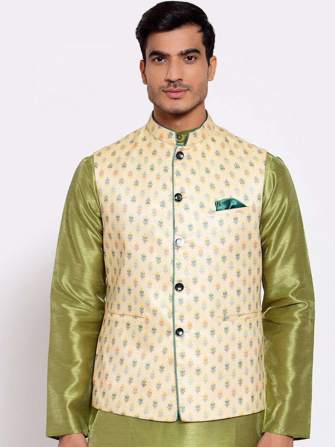 maxence men beige & yellow printed cotton woven nehru jacket