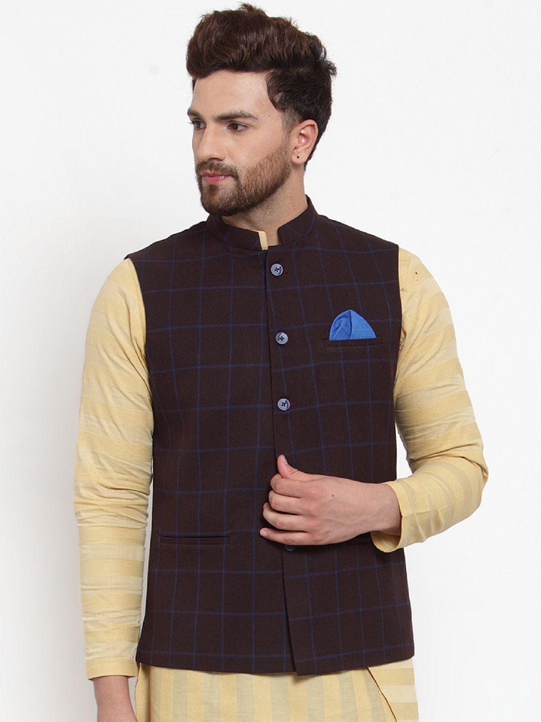 maxence men coffee brown checked slim fit nehru jacket with pocket square