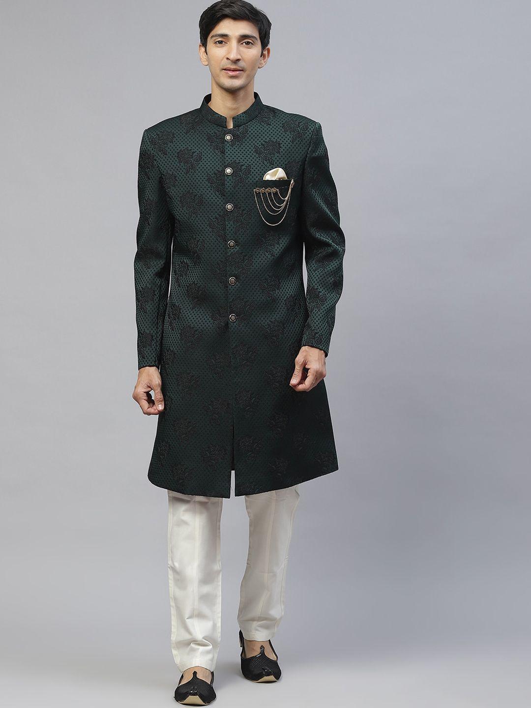 maxence men green & cream-coloured jacquard sherwani set