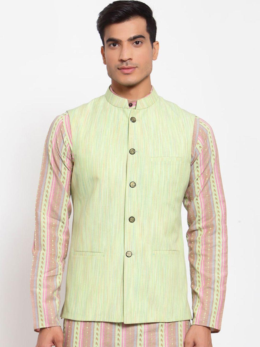 maxence men green self-design cotton woven nehru jacket