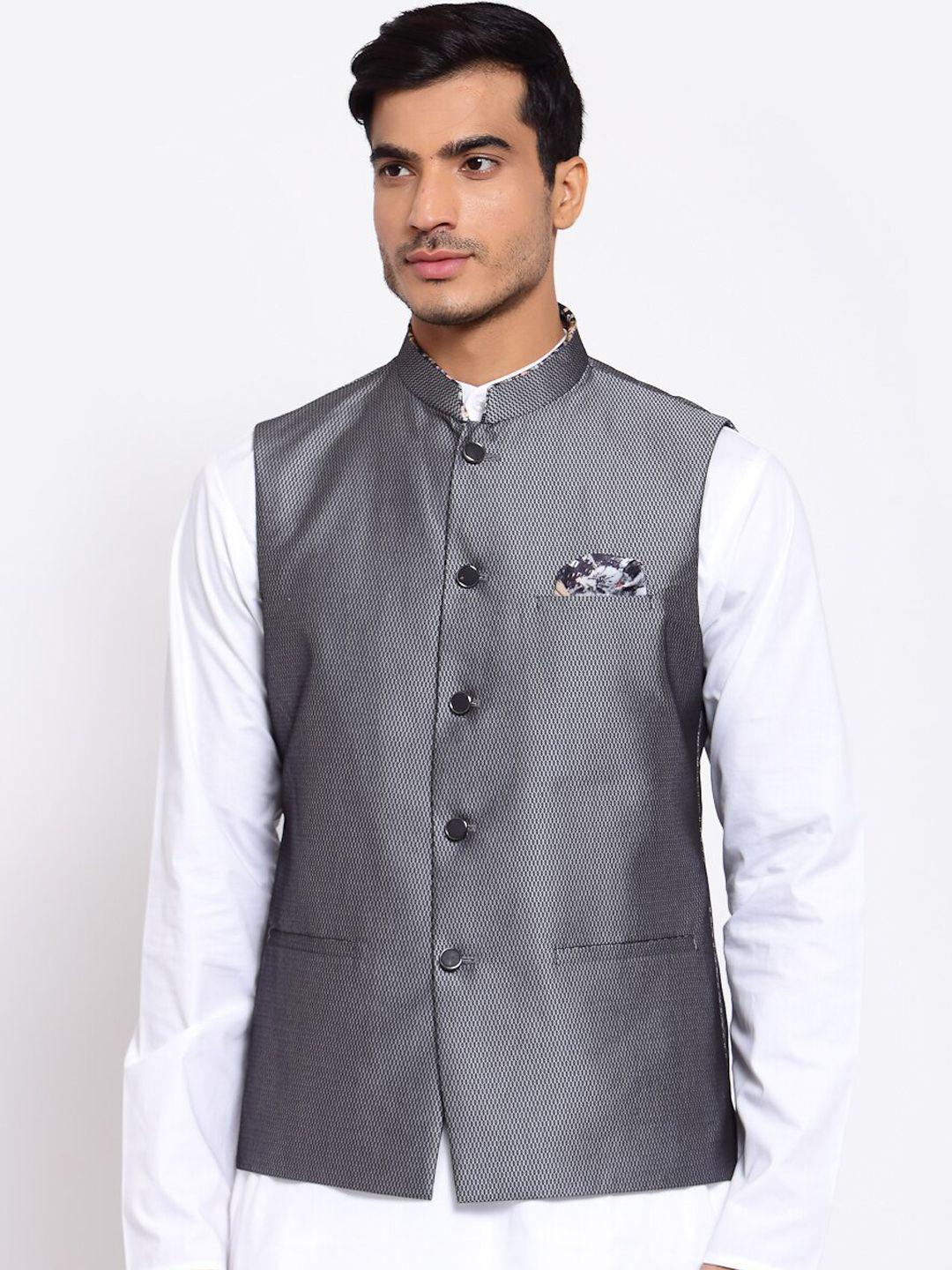 maxence men grey printed cotton nehru jacket