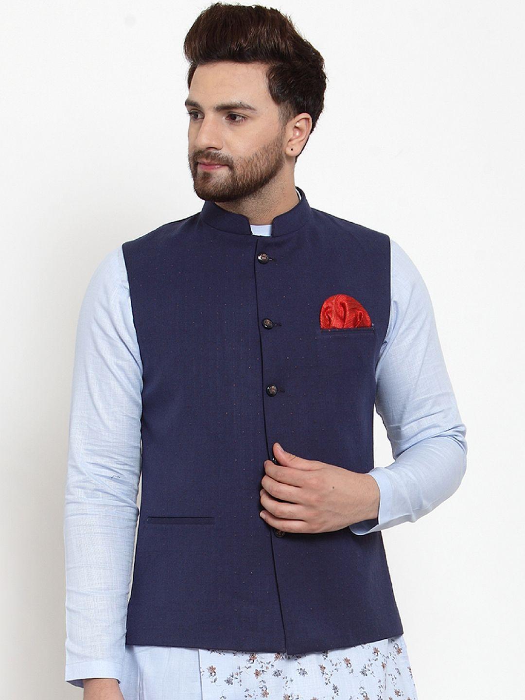 maxence men navy blue solid nehru jacket