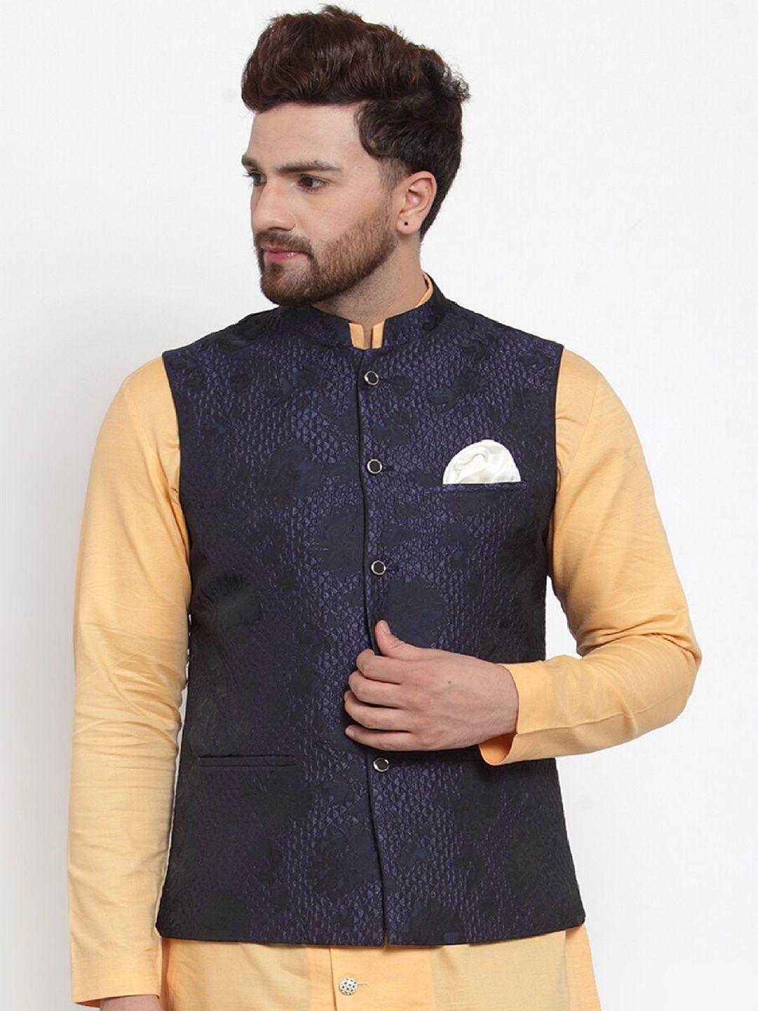 maxence men navy blue woven design slim fit nehru jacket