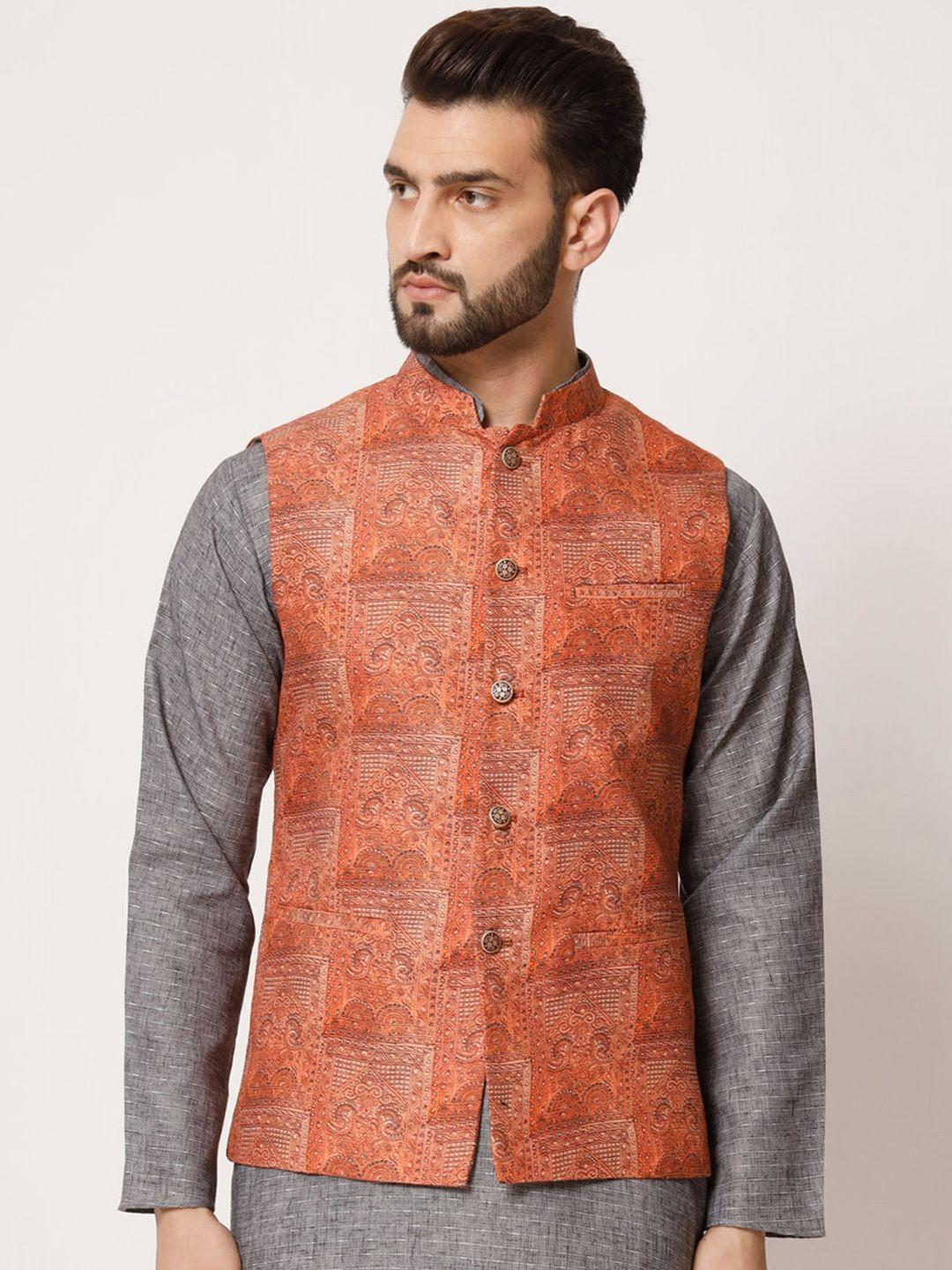 maxence men printed woven pure silk nehru jacket
