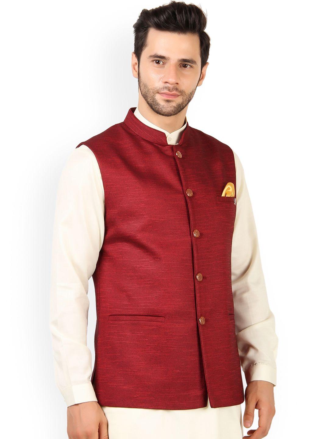 maxence men red solid linen nehru jacket