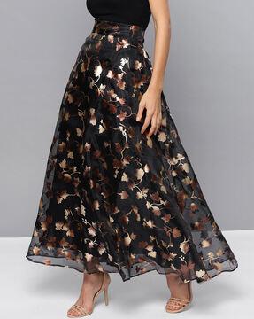 maxi length floral print skirt