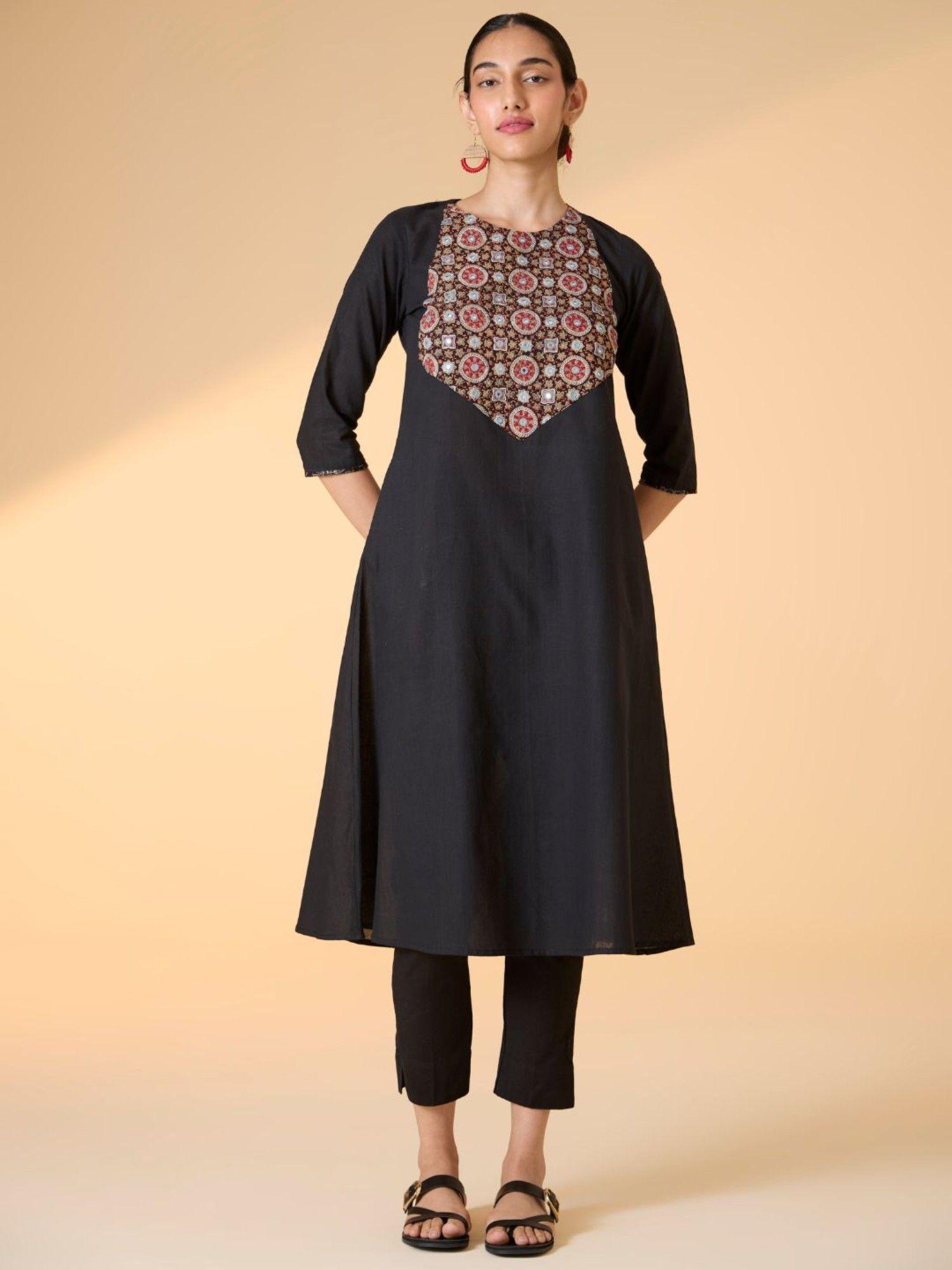 maya hand embroidered- mirror work pure cotton black kurta