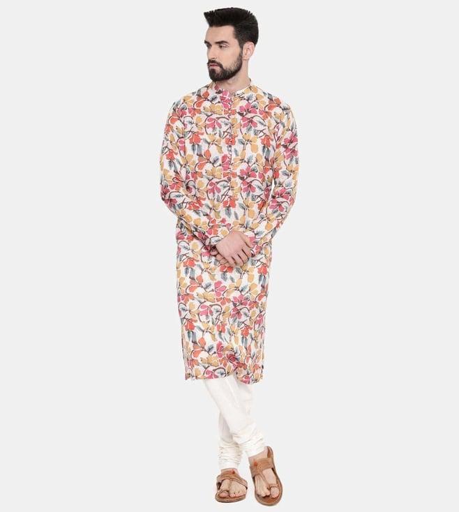 mayank modi beige/yel/pnk printed kurta set