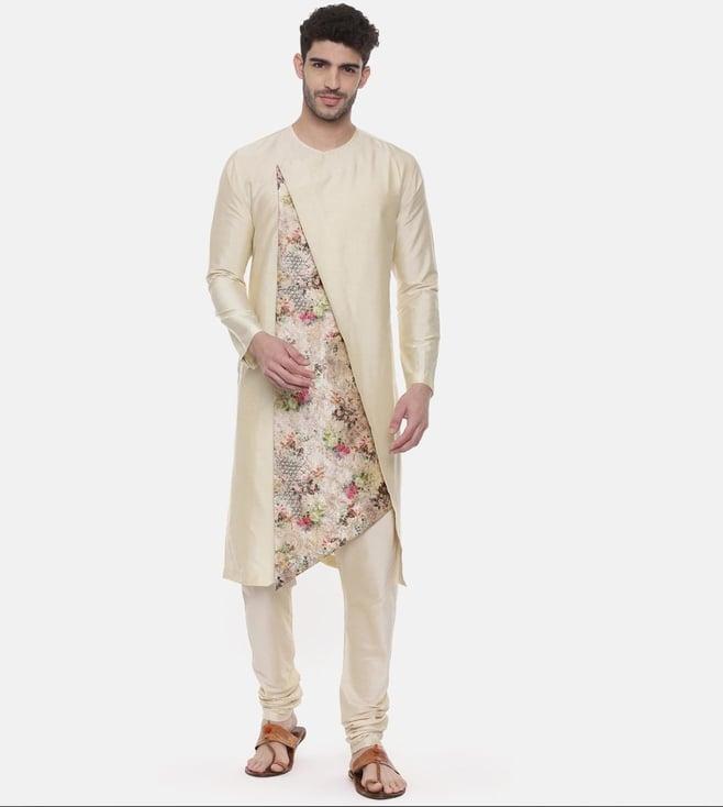 mayank modi beige printed silk kurta set