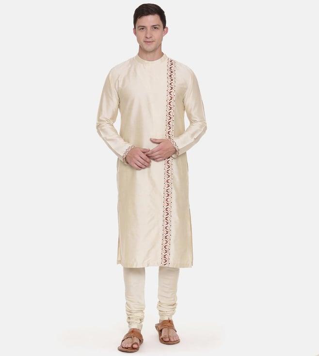 mayank modi beige silk embroidered kurta set