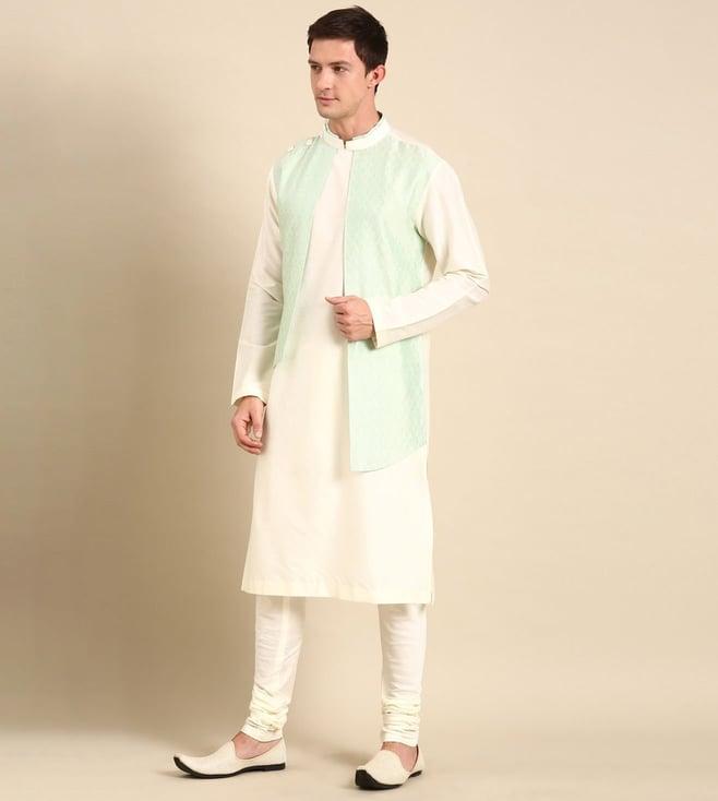 mayank modi green & cream silk jaquard kurta with pant