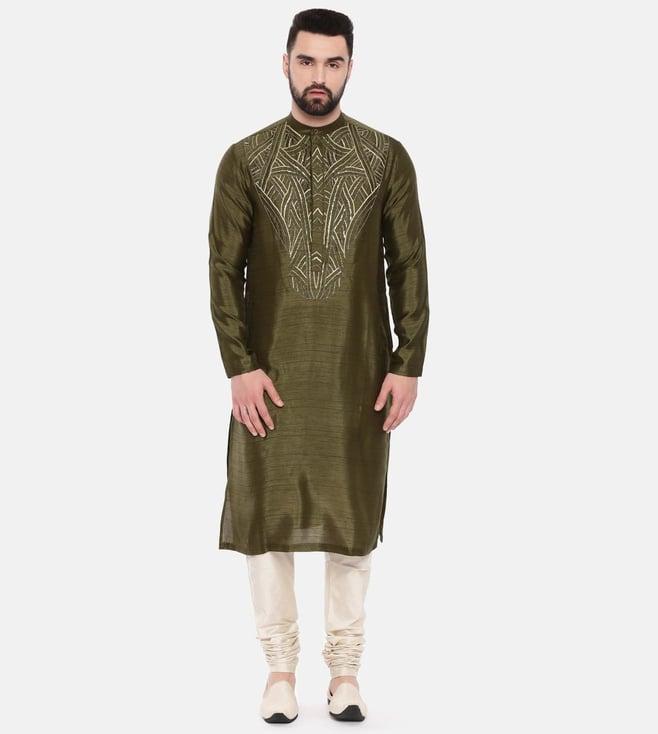 mayank modi green silk slub embroiderkurta with pant