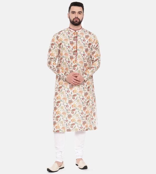 mayank modi ivory pink print muslin kurta with pant