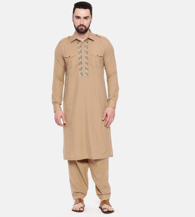 mayank modi khaki cotton pathani kurta with pant